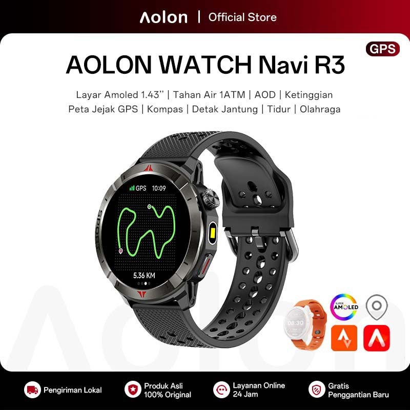 Aolon Navi R3 Jam Tangan Pria GPS Map Running Pace AOD Display Amoled Screen Smartwatch Stainless St