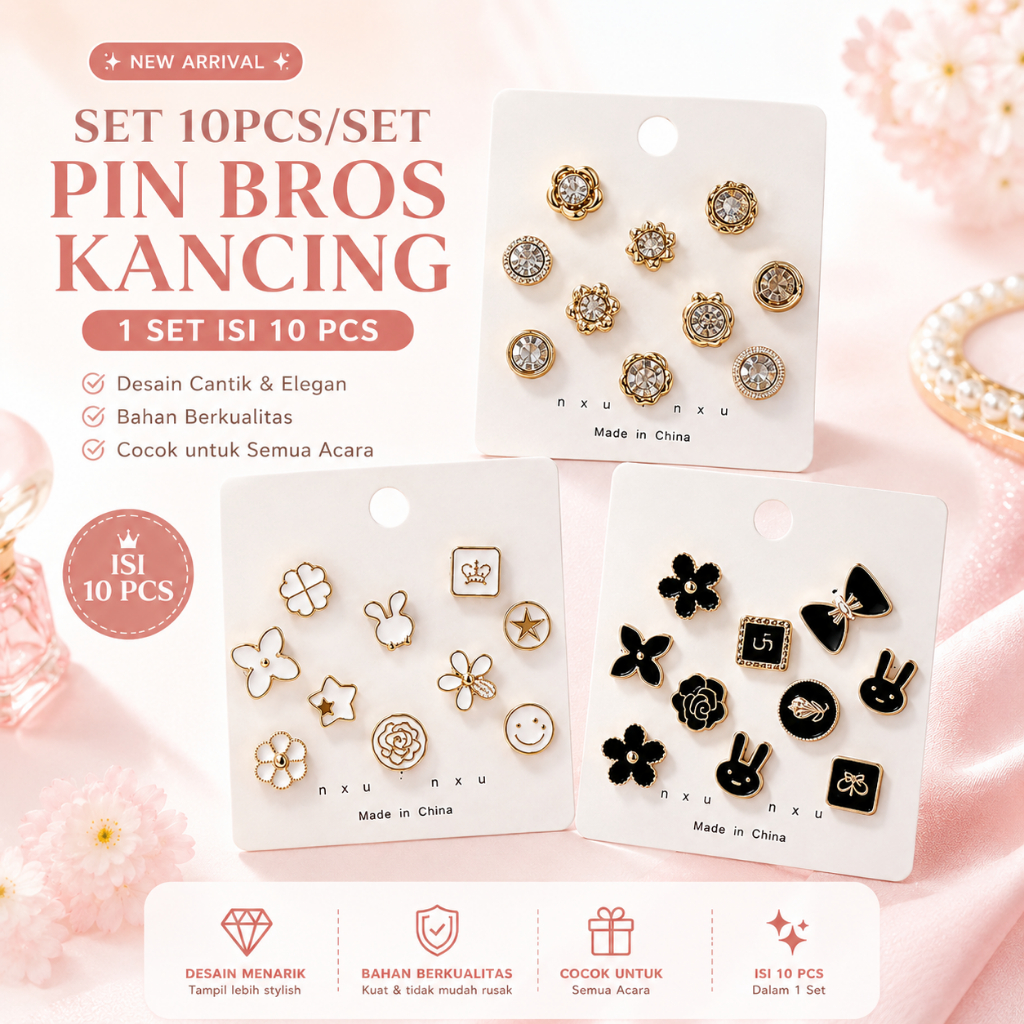 10PCS/Set Pin Bros Kancing, Pin Baju Hijab Bros Tuspin Hijab Korea Pin Accessories GROSIR