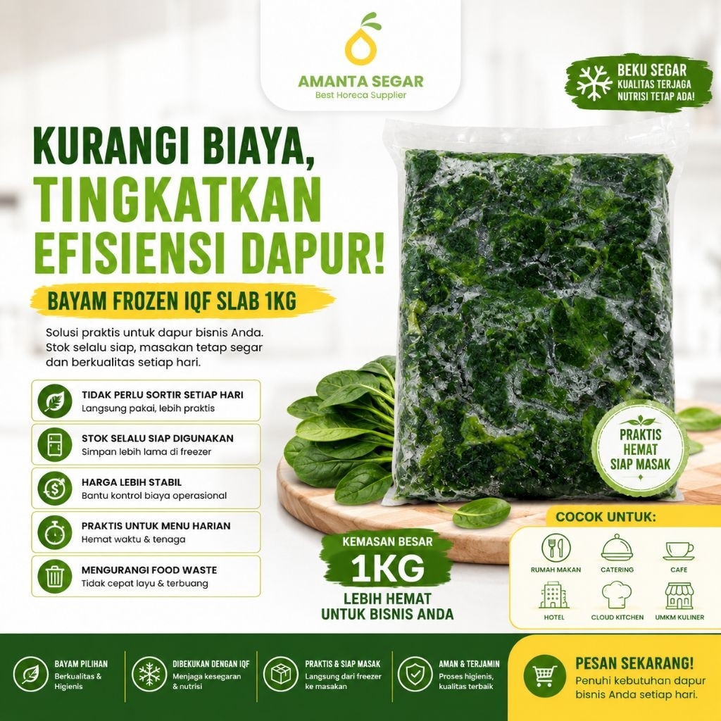 Bayam Frozen IQF Slab 1kg | Bayam Beku 1 Kg | Frozen Spinach | Sayuran Beku untuk Resto Cafe Caterin