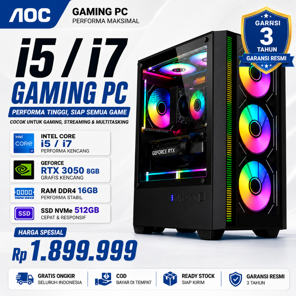 AOC PC Desktop Gaming Intel 12-Core Komputer Lengkap untuk kebutuhan gaming, desain, dan pekerjaan k