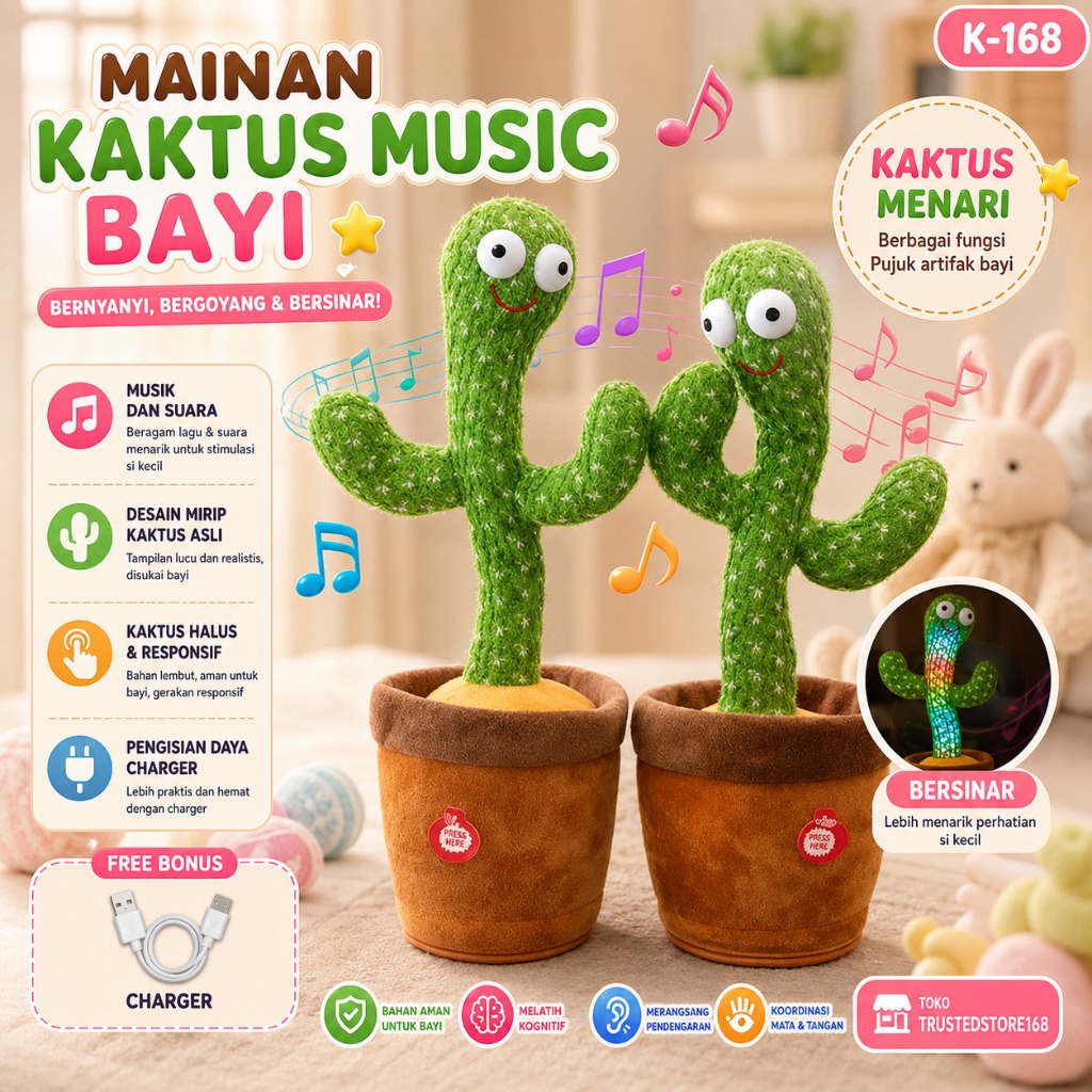 Caitlynmart Boneka Kaktus Goyang Charger USB / Mainan Kaktus Suara Menari / Mainan Kaktus Menari LED
