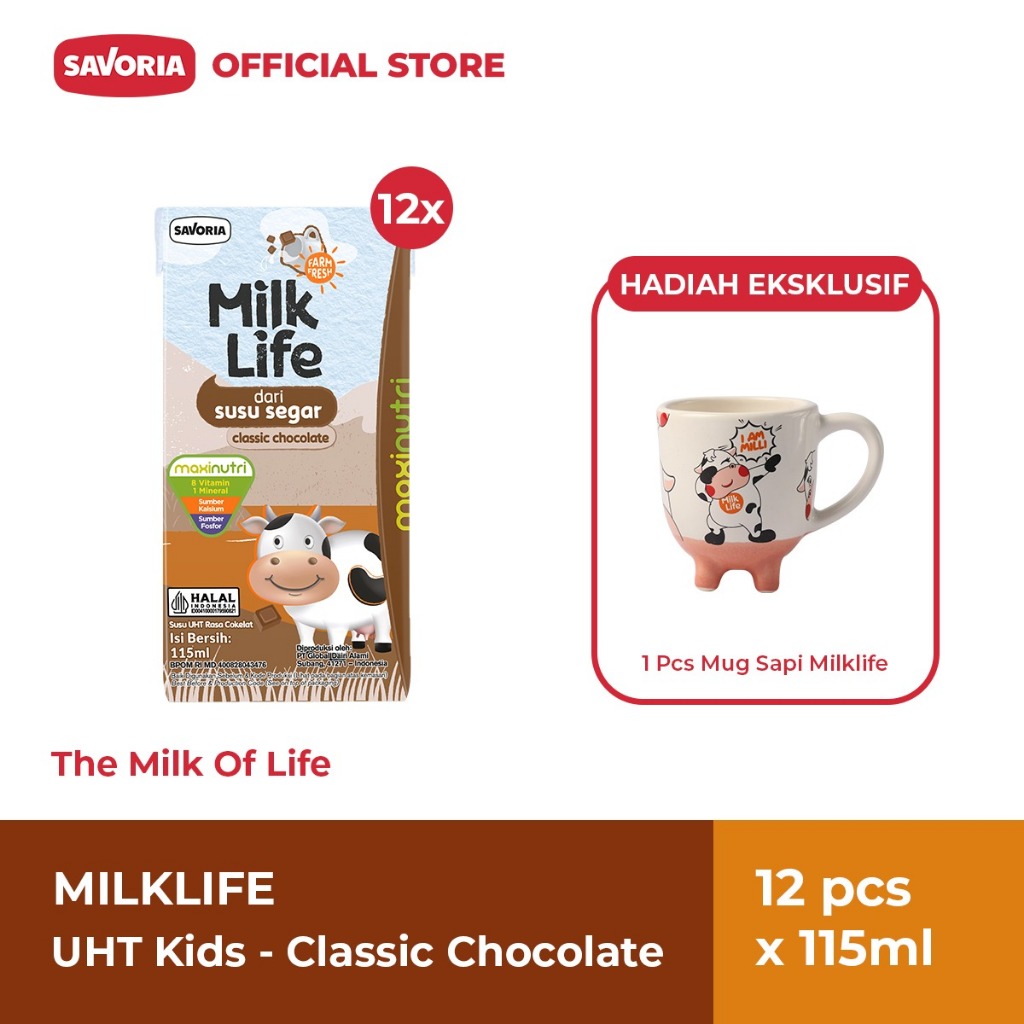 MilkLife UHT Kids Classic Chocolate Milk - 12 Pcs x 115ml + Mug Sapi