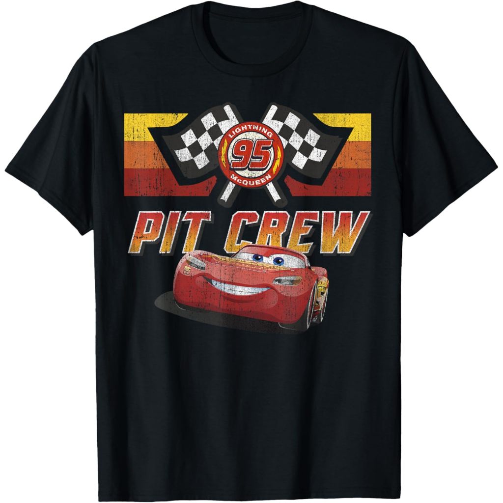 Kaos Disney Pixar Cars McQueen Pit Crew Red Distressed T-Shirt – Baju Vintage 90s Retro Pria Wanita 