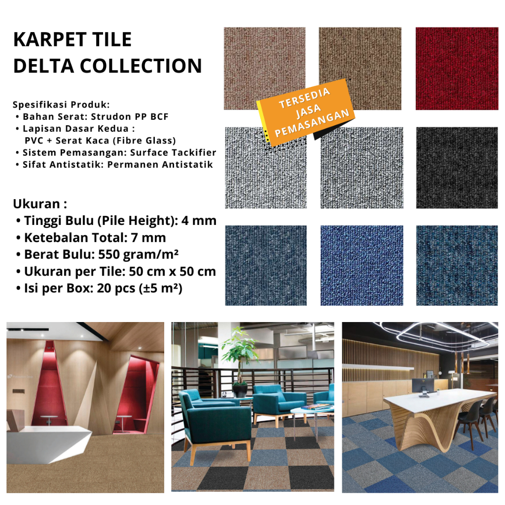 Karpet Tile 50x50 Delta Collection Anti Static – Karpet Kantor Minimalis Tebal 7mm Per Box 5m²