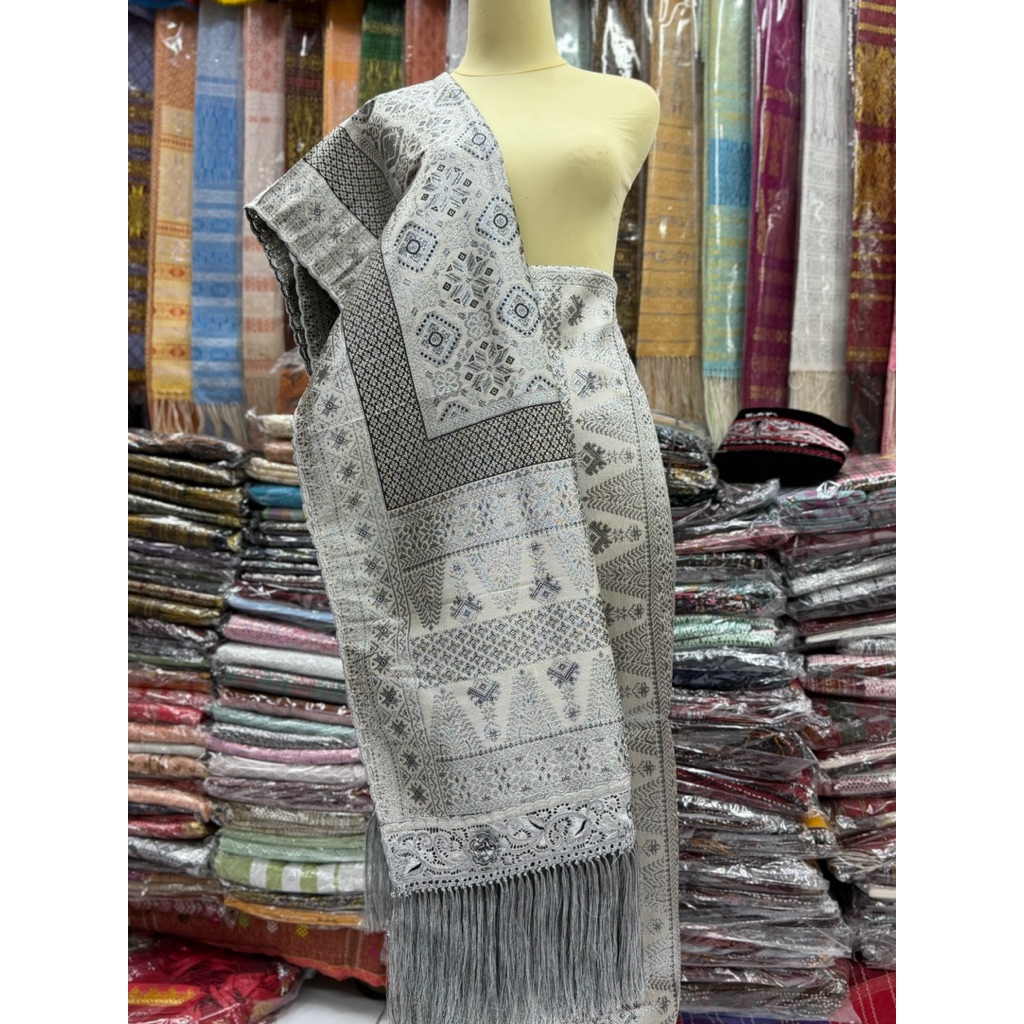 Songket palembang mesin benang kristal warna putih Silver selendang sudah dirumbai