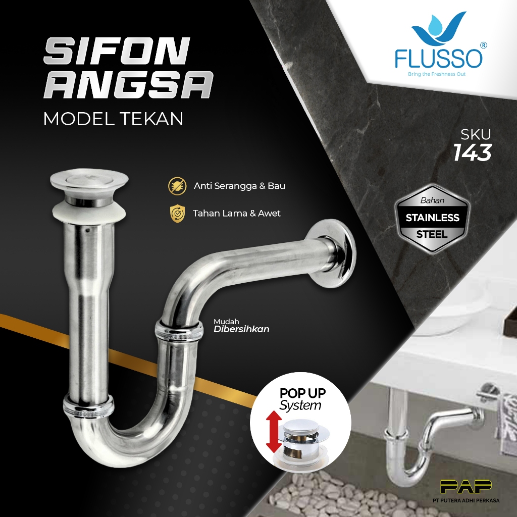 Sifon Leher Angsa Wastafel Pop Up / Siphon Wastafel Stainless / Pipa Pembuangan Wastafel Flusso 143