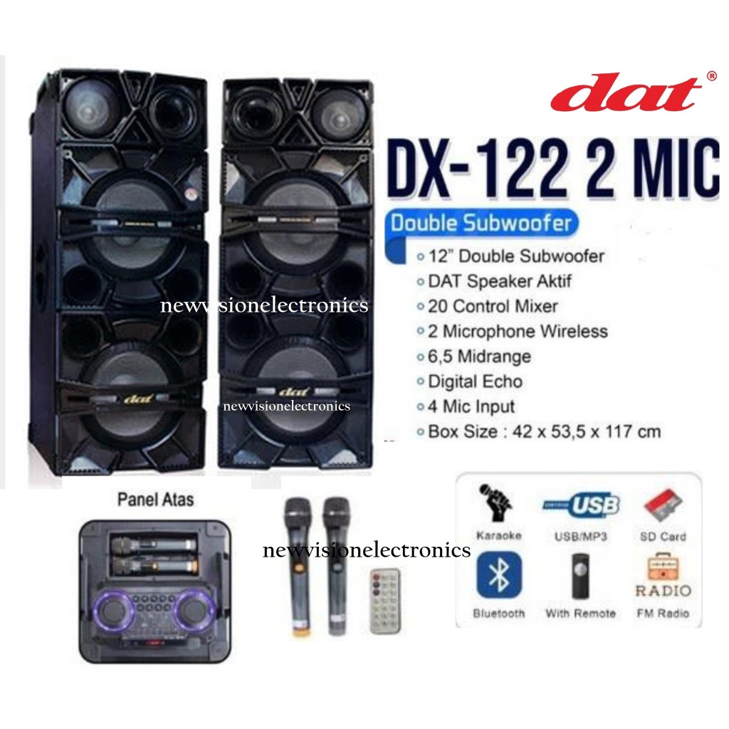 SPEAKER ACTIVE PASSIVE DAT DX122 DAPAT 2 MIC,SPEAKER AKTIF PASIF DAT DX-122 BLUETOOTH 12"DOUBLE SUB