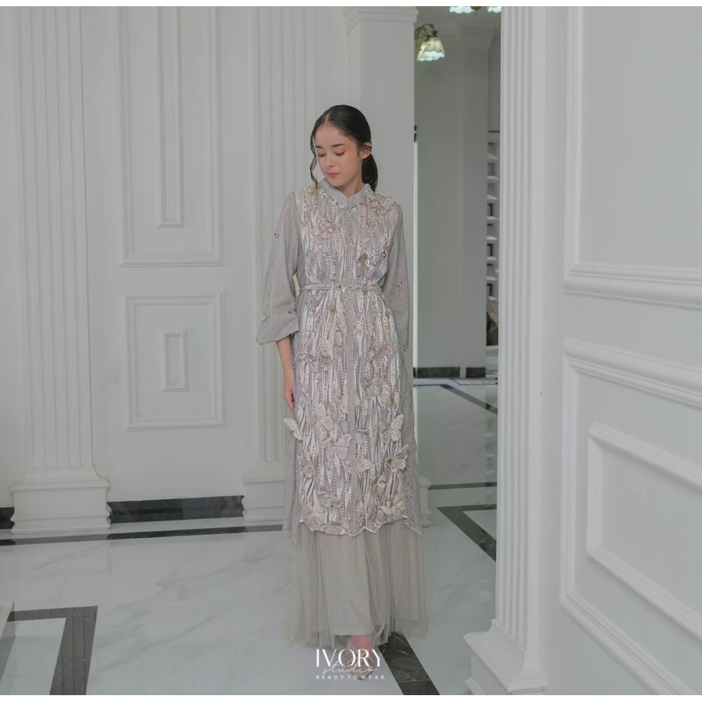 NEW IVORY STUDIO READY TO WEAR GREY BUTTERFLY MAXI DRESS