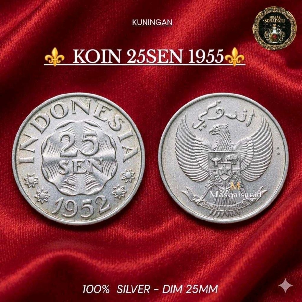 Uang Koin Coin 25 Sen Indonesia 1952/1955/1957 Original Bahan Silver Aluminium Berat 2,2 Gram Cocok 