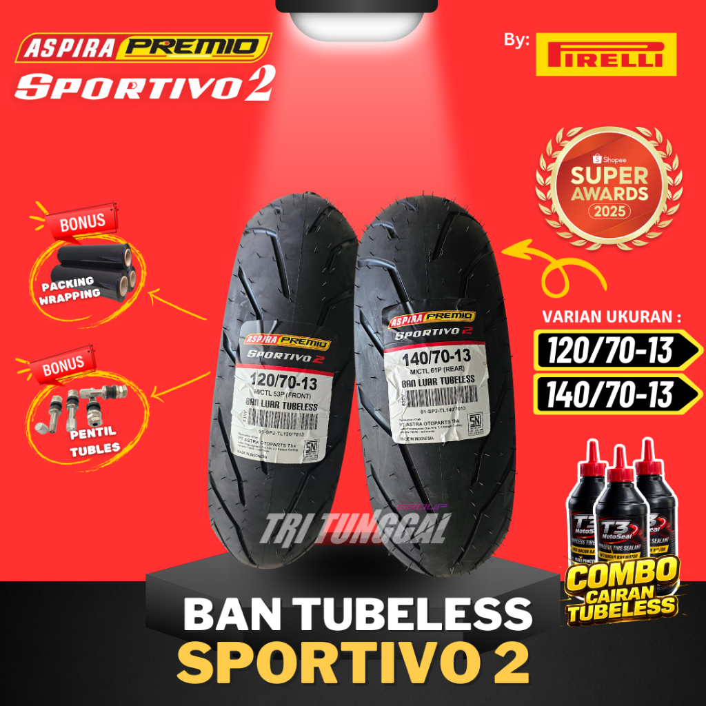 [READY COD] BAN ASPIRA PREMIO SPORTIVO 2 ( 120/70-13 & 140/70-13 ) TUBELESS MEDIUM SOFT COMPOUND RIN