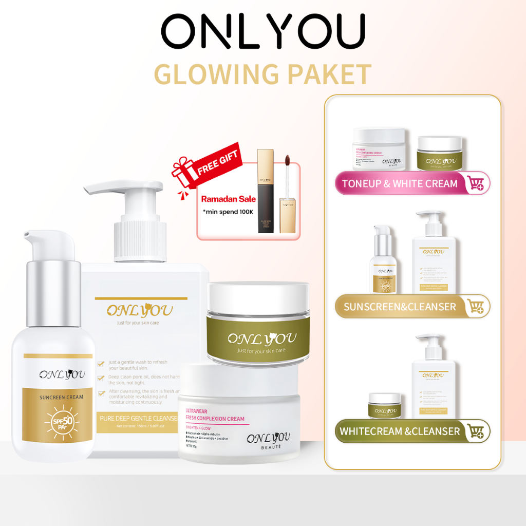 ONLYOU Glowing Paket - ONLYOU Sunscreen SPF50+ PA+  / Whitening Essence Cream Siang Malam  Skincare 