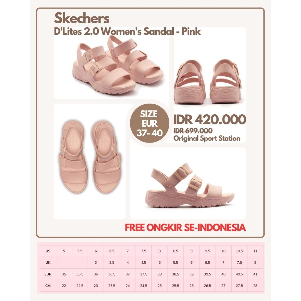 Skechers D'Lites 2.0 Women's Sandal - Pink | Sandal Wanita Size 37, 38, 39, 40