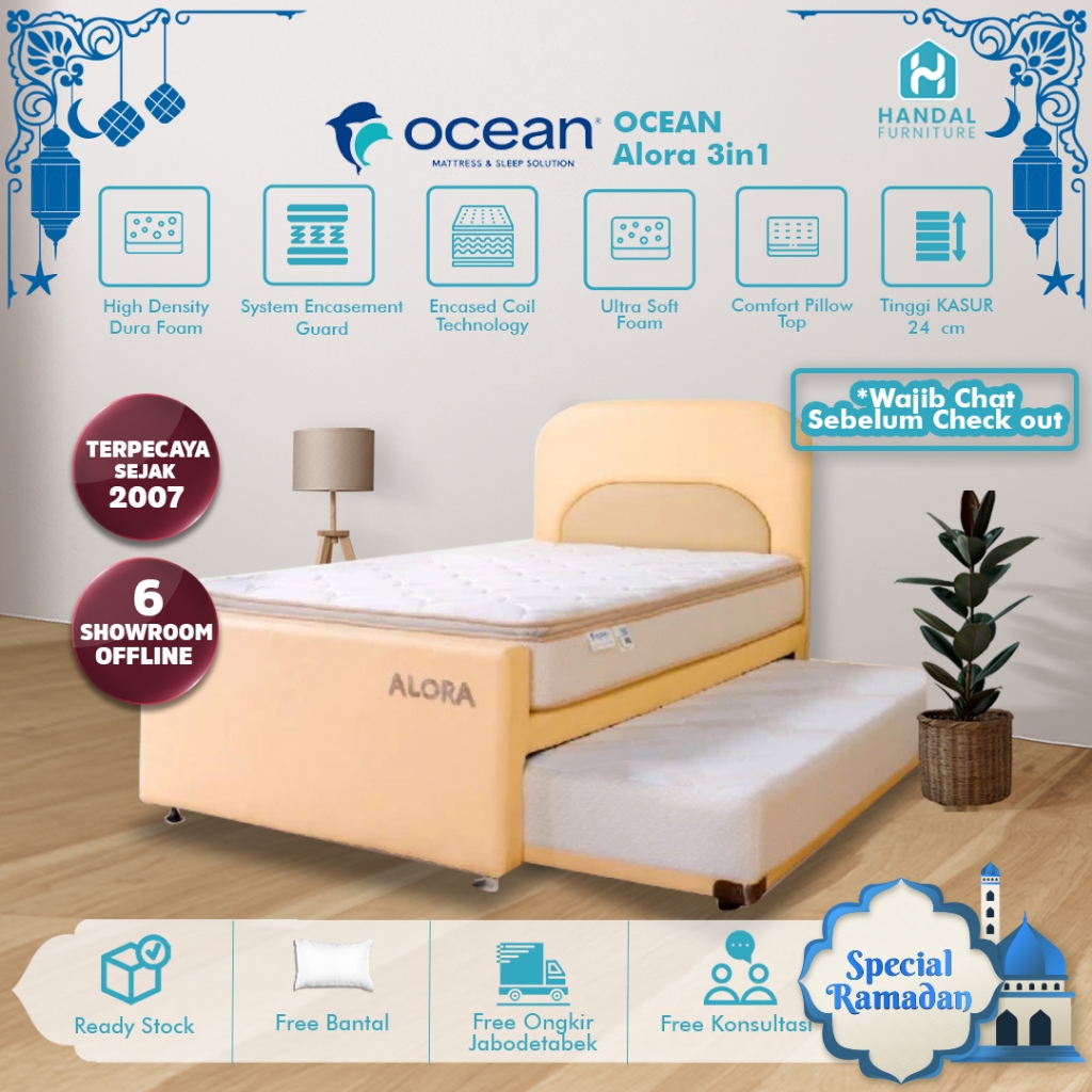 Kasur Springbed 3in1 Atas Bawah Ocean Alora 120x200, Pocket Anti Guncang Soft Empuk Dengan Pillowtop