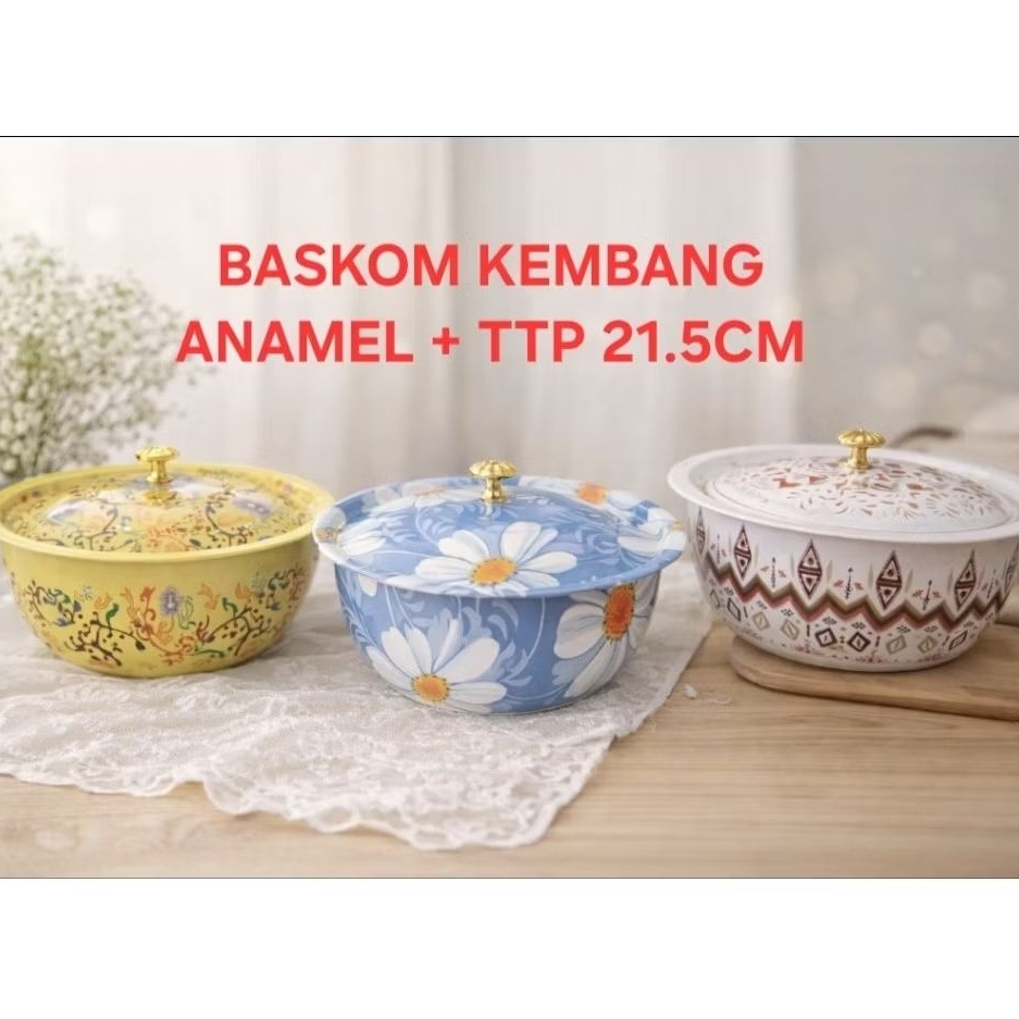 MANGKOK / BASKOM STAINLESS ENAMEL BUNGA DENGAN TUTUP ANTI KARAT