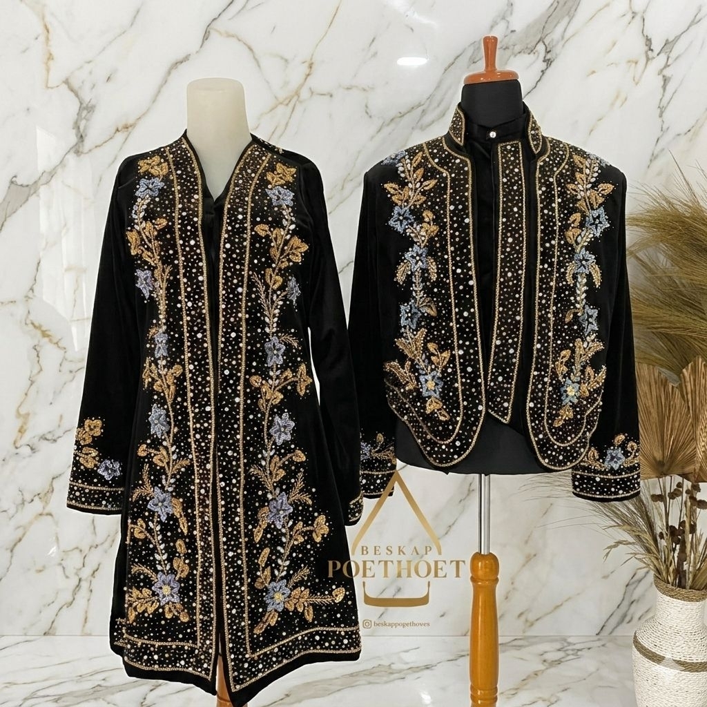 ￼ADA KUTUBARU NYA  Sepasang beskap dan kebaya bludru premium solo putri  pengantin jawa hitam payet 