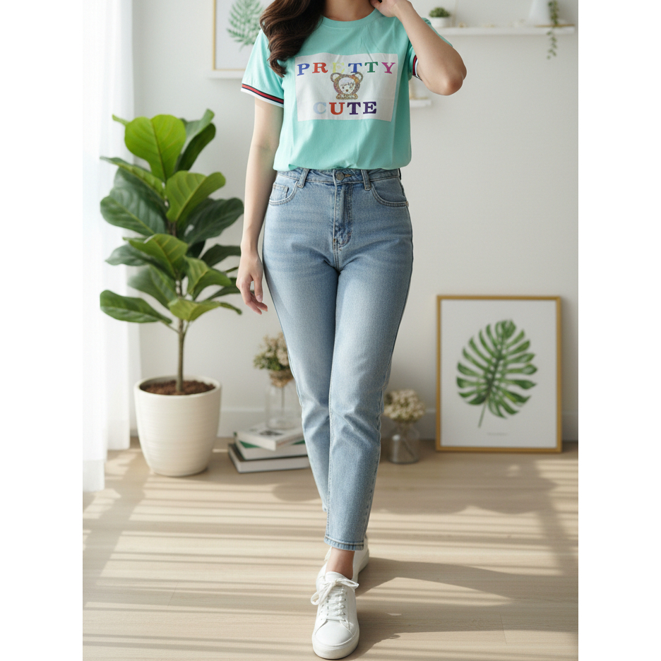 Fashionnhitzz - Kaos Wanita Lengan Karet Oval Katun Combad 24s Nyaman MOTIF PRETTY CUTE