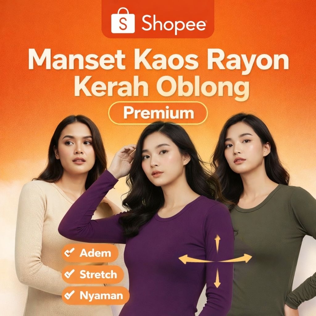 Manset Kaos Rayon Kerah Oblong Premium | Baju Manset Wanita Lengan Panjang | Kaos Adem, Stretch, Nya