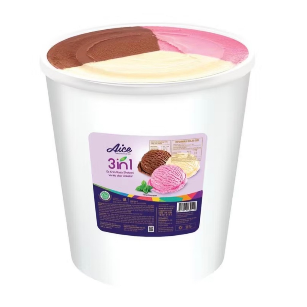 ES KRIM AICE HALOCOKO EMBER BUCKET 8 LITER 3 IN 1 NEOPOLITAN VANILA COKLAT STROBERI GRATIS CONE