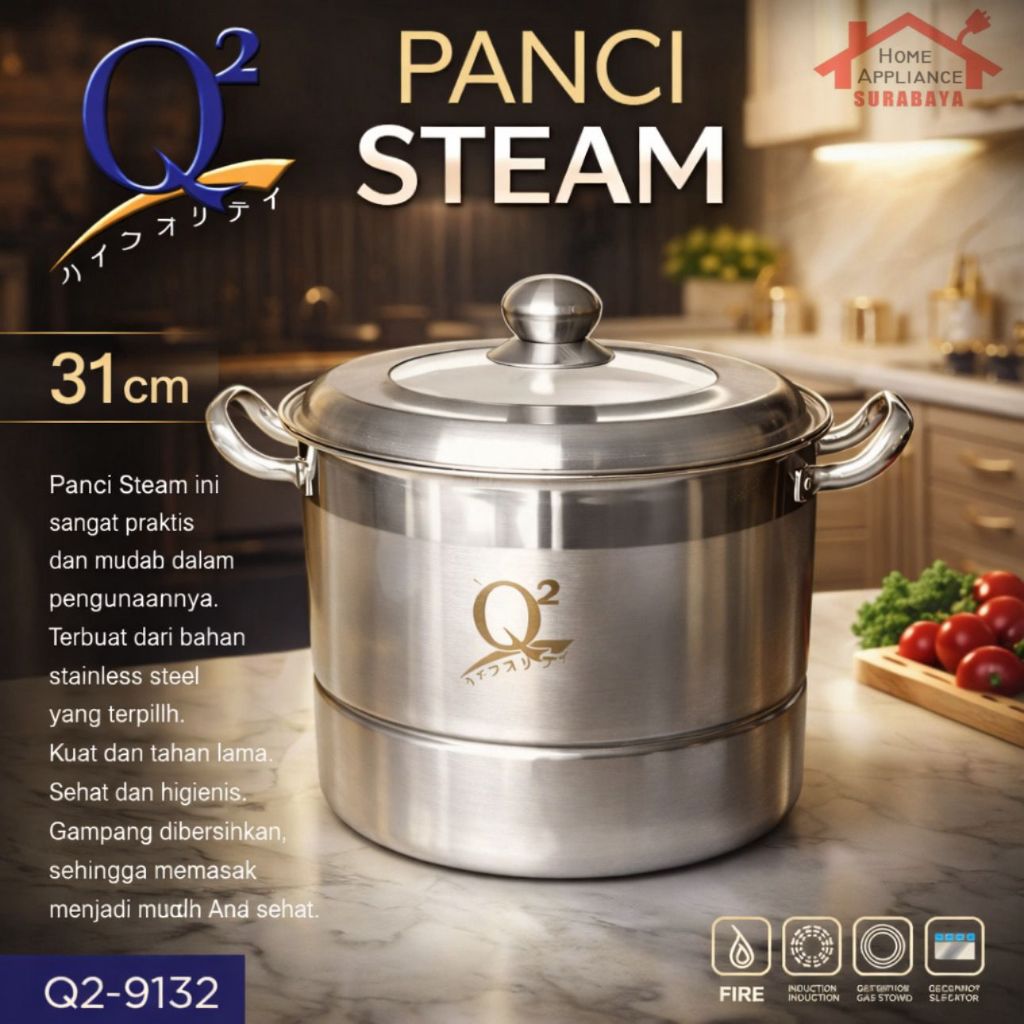 Q2 Panci Steam - Panci Kukus - Kukusan - Dandang Stainless Steel 31 CM + Steamer Q2 9132