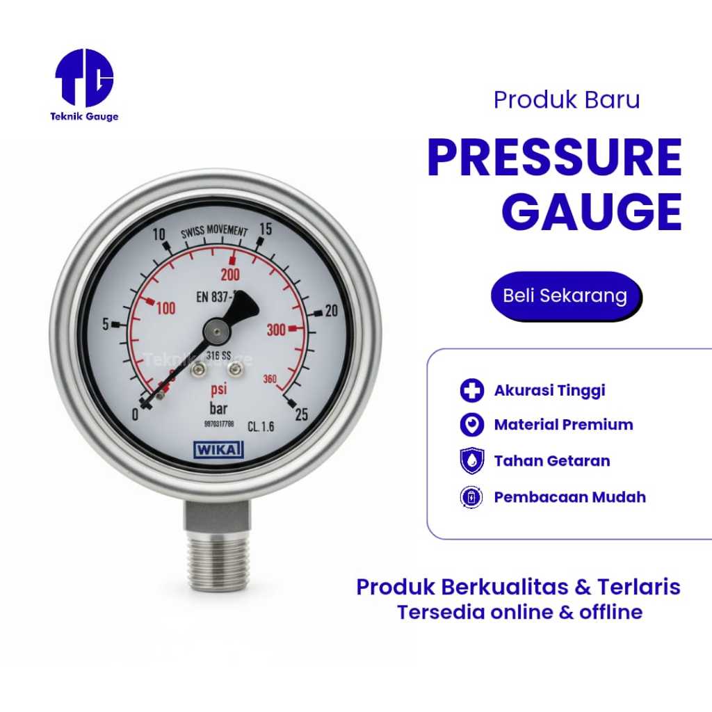 Pressure Gauge Wika 2,5 inch bottom full ss 0-25 bar&psi drat 1/4 npt