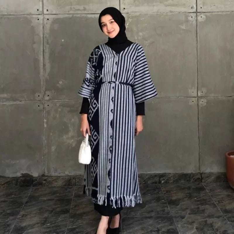 kaftan Cardigan Panjang Tenun ikat Wanita - salur biru
