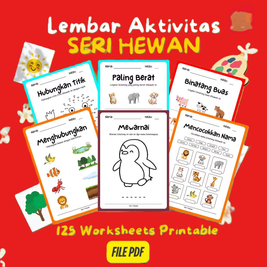 Ebook Printables 125 Lembar worksheet Seri Hewan Untuk Anak PAUD TK SD | Printable