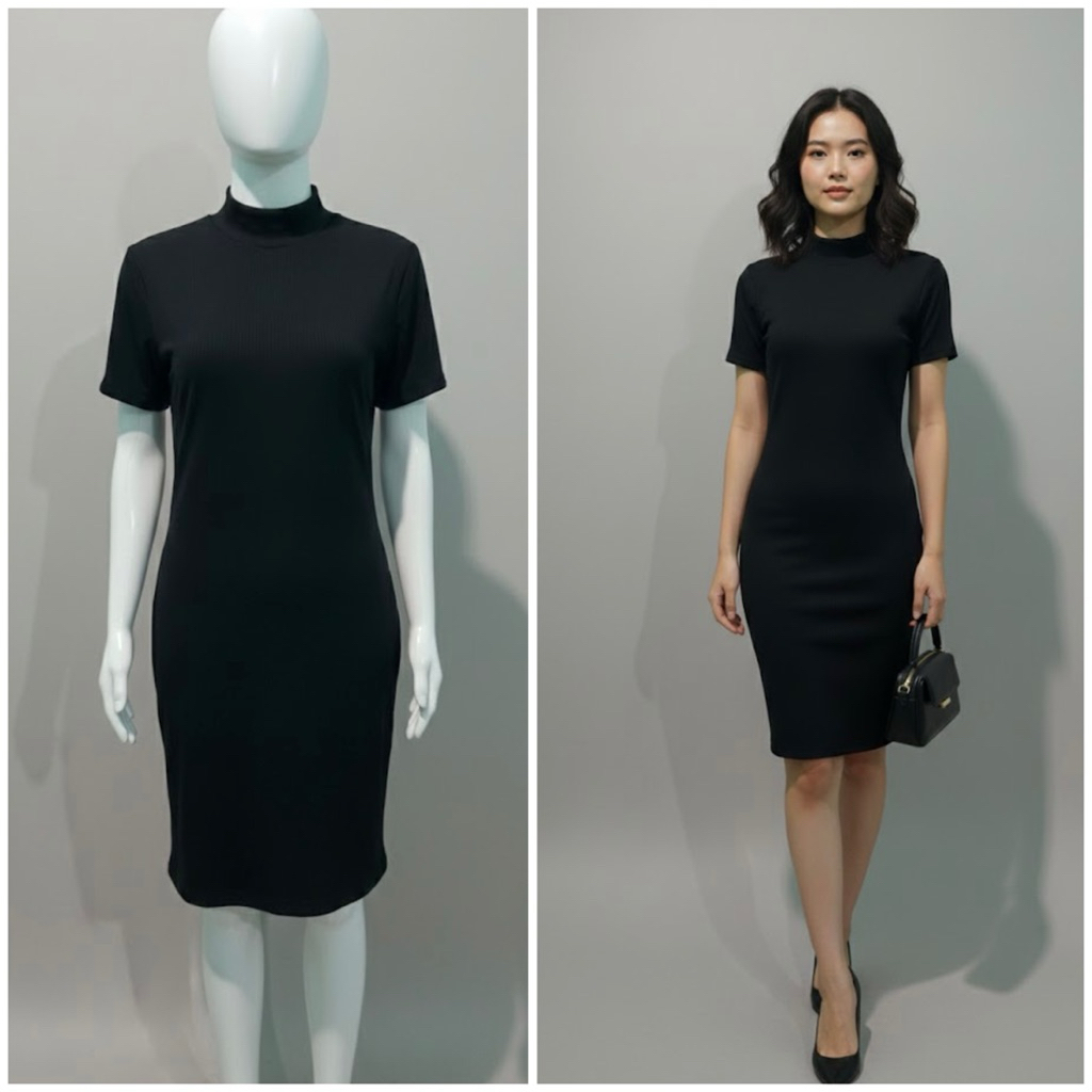 Midi Dress Hitam Kerah Tinggi - Bodycon Dress Elegan Lengan Pendek