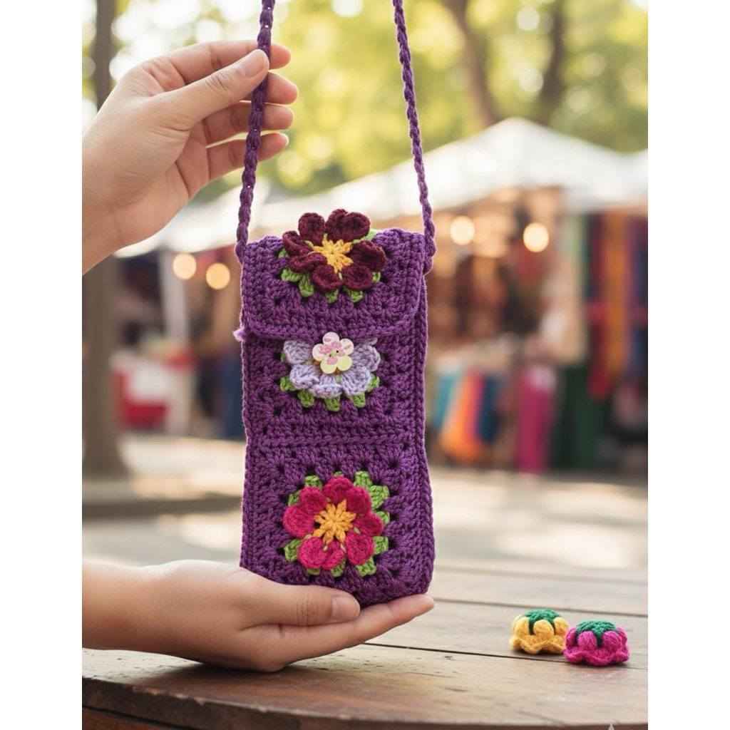 Pouch HP Rajut Polyester Estetik | Sarung HP Handmade | Tas HP Tali Panjang Murah