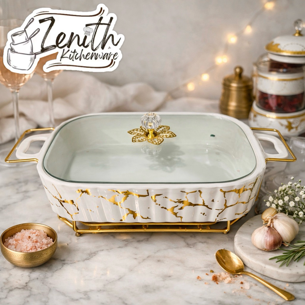 WARMER KERAMIK PICASSO TUTUP KACA/ WADAH SAJIAN CATERING PRASMANAN SEGI MARMER GOLD RAMEKIN