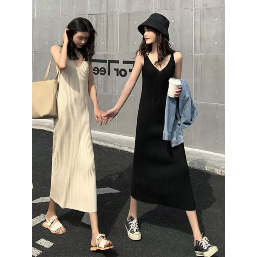 dress knit v neck long dress korean style casual wear