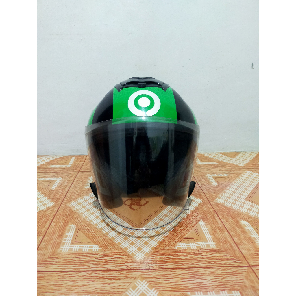 Helm JS Armor Leopard Half Face Gojek Custom Hitam Hijau Visor Bening Dewasa