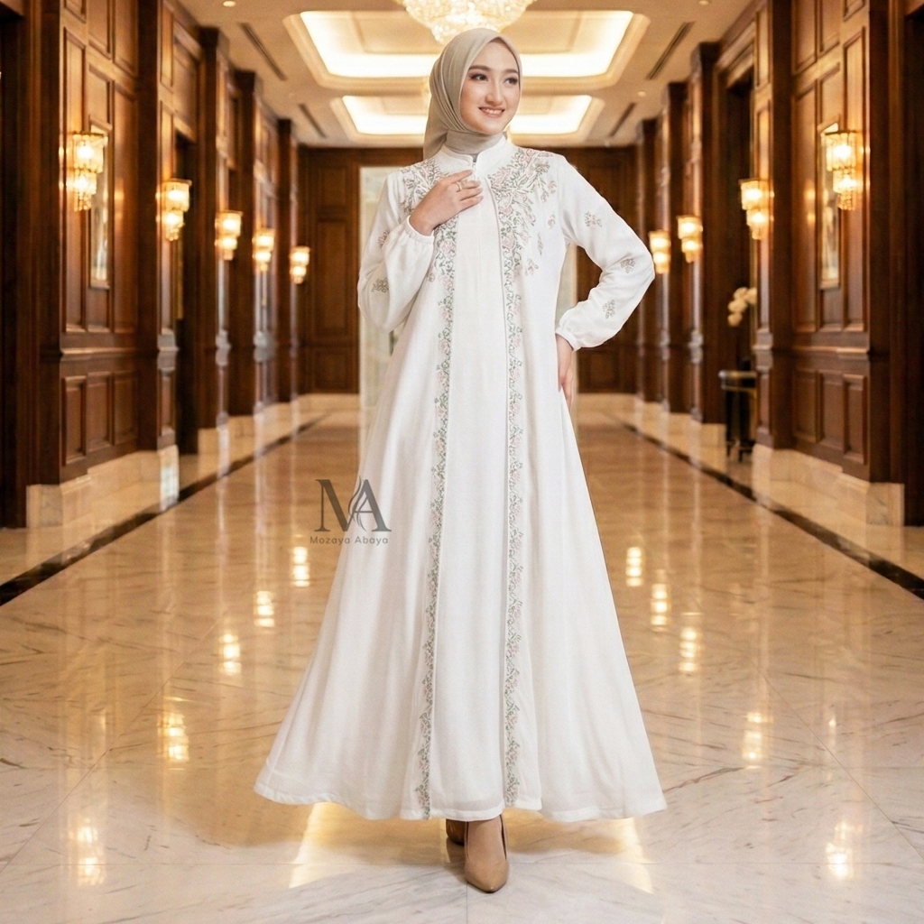 Mozaya Abaya - Abaya 2026 Terbaru Gamis Set Outer Bordir Bunga Baju Putih Muslim Mewah Elegan 350