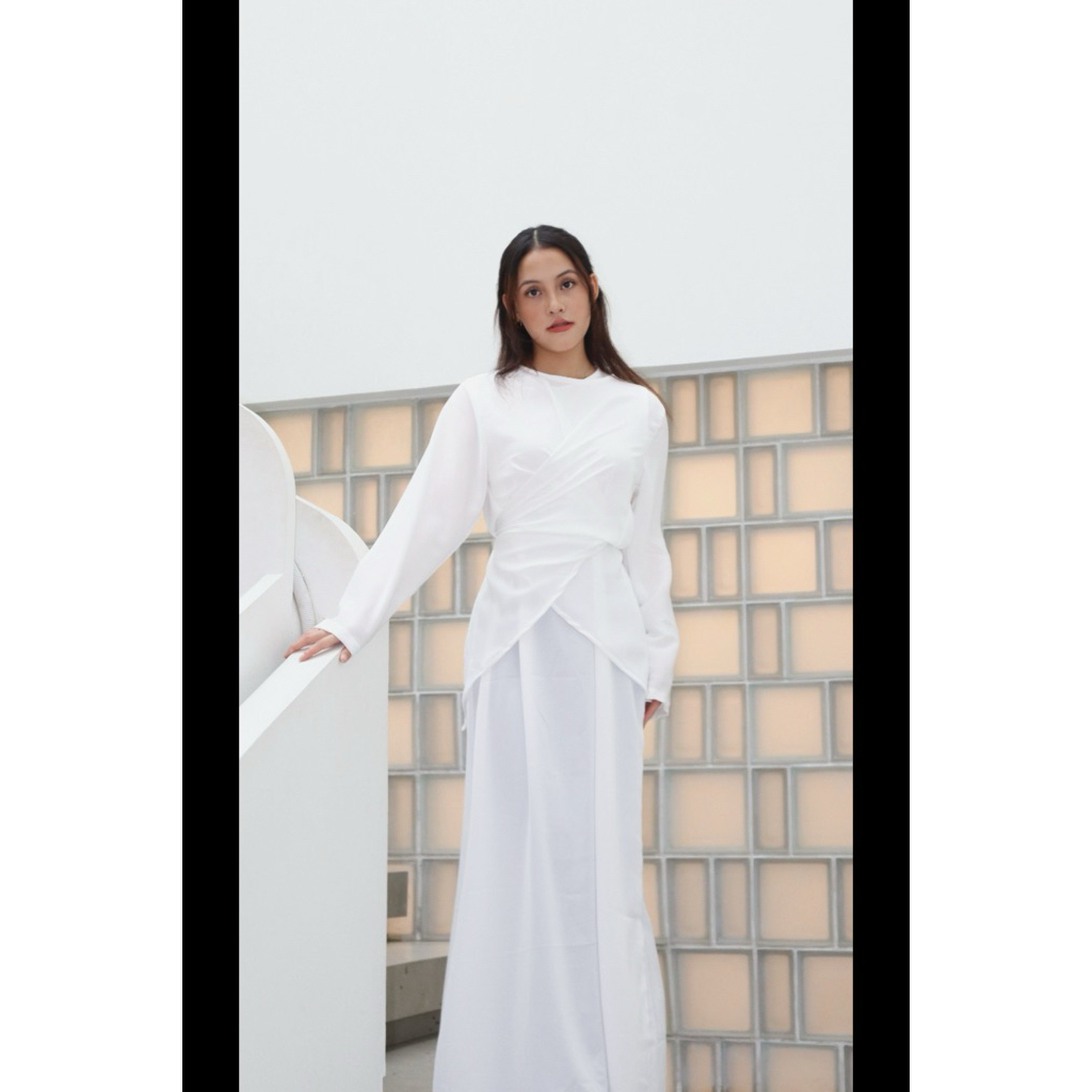 NOIREE – ASLAMIA SET INNER & OUTER PUTIH COTTON SILK PREMIUM ANTI UV Dress Raya Series Idul Fitri Ga