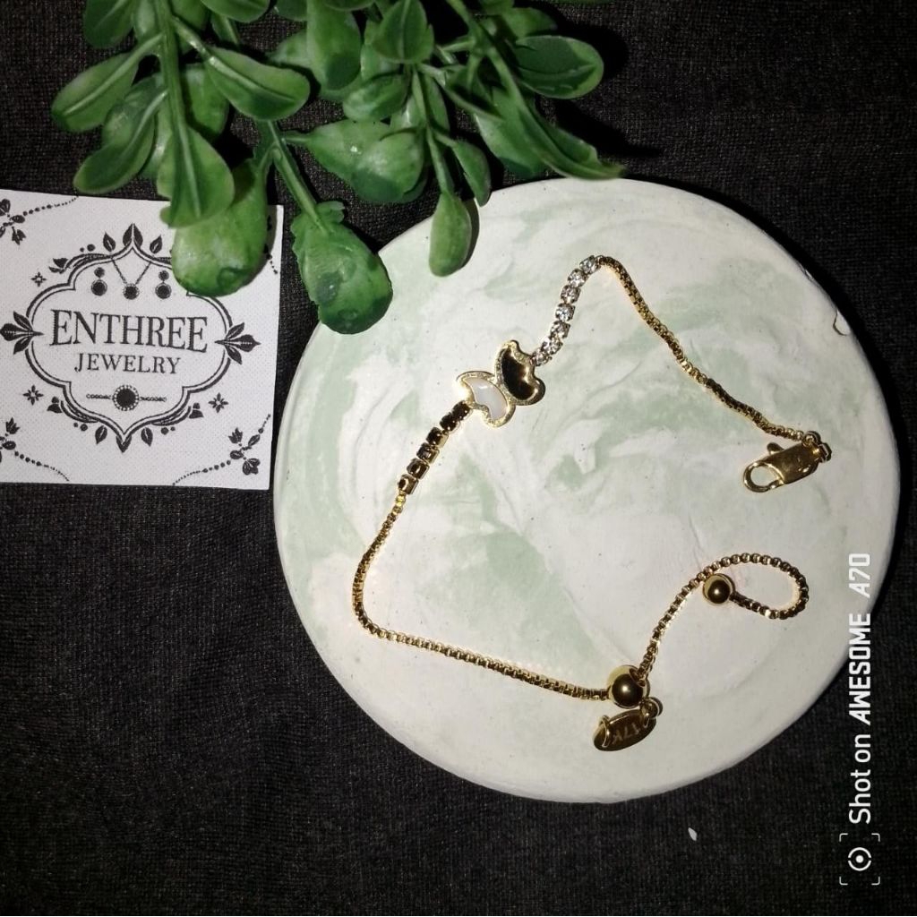 Gelang Tangan Premium Gold Butterfly Black White Diamond Titanium Asli Mirip Emas Aslj