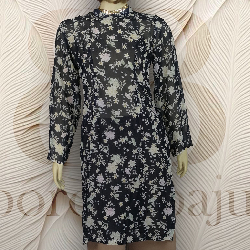 Tunik Sifon Transparant Motif Bunga Belahan Samping OTR26 (tanpa celana) Blouse Outer Panjang Wanita