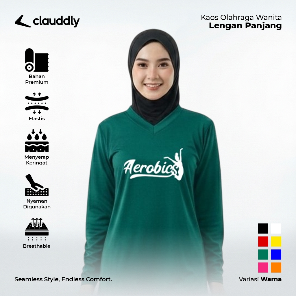 Kaos Olahraga Wanita Warna Hijau Botol Panjang Kaos Aerobics Running Senam Fitness Lari Big Size Jum