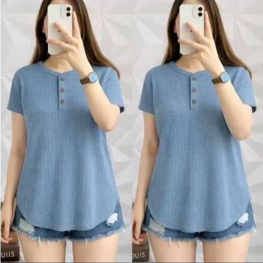 KAOS WAFFLE KANCING LENGAN PENDEK // ATASAN WANITA TERMURAH // TERSEDIA SIZE JUMBO