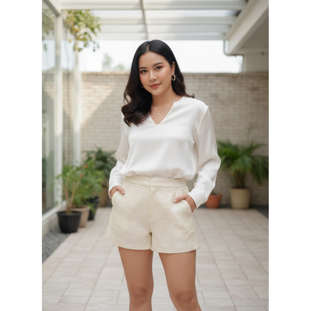 CELANA PENDEK PUTIH BRUKAT PRELOVED