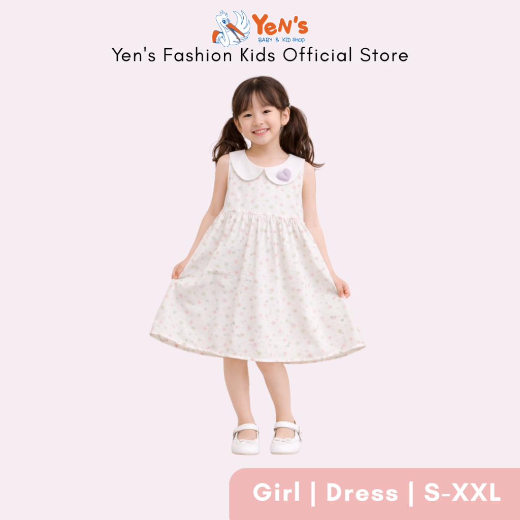 Dress Anak Perempuan Putih Motif Pastel Bunga Lembut - Gaun Anak Kerah Peter Pan Detail Hiasan Cute 