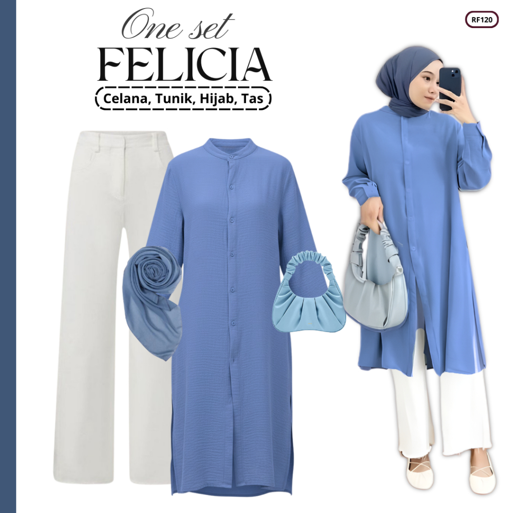 Setelan Outfit Kondangan Tunik | Celana, Tunik Polos, Hijab, Tas | One Set Kondangan Celana RF120