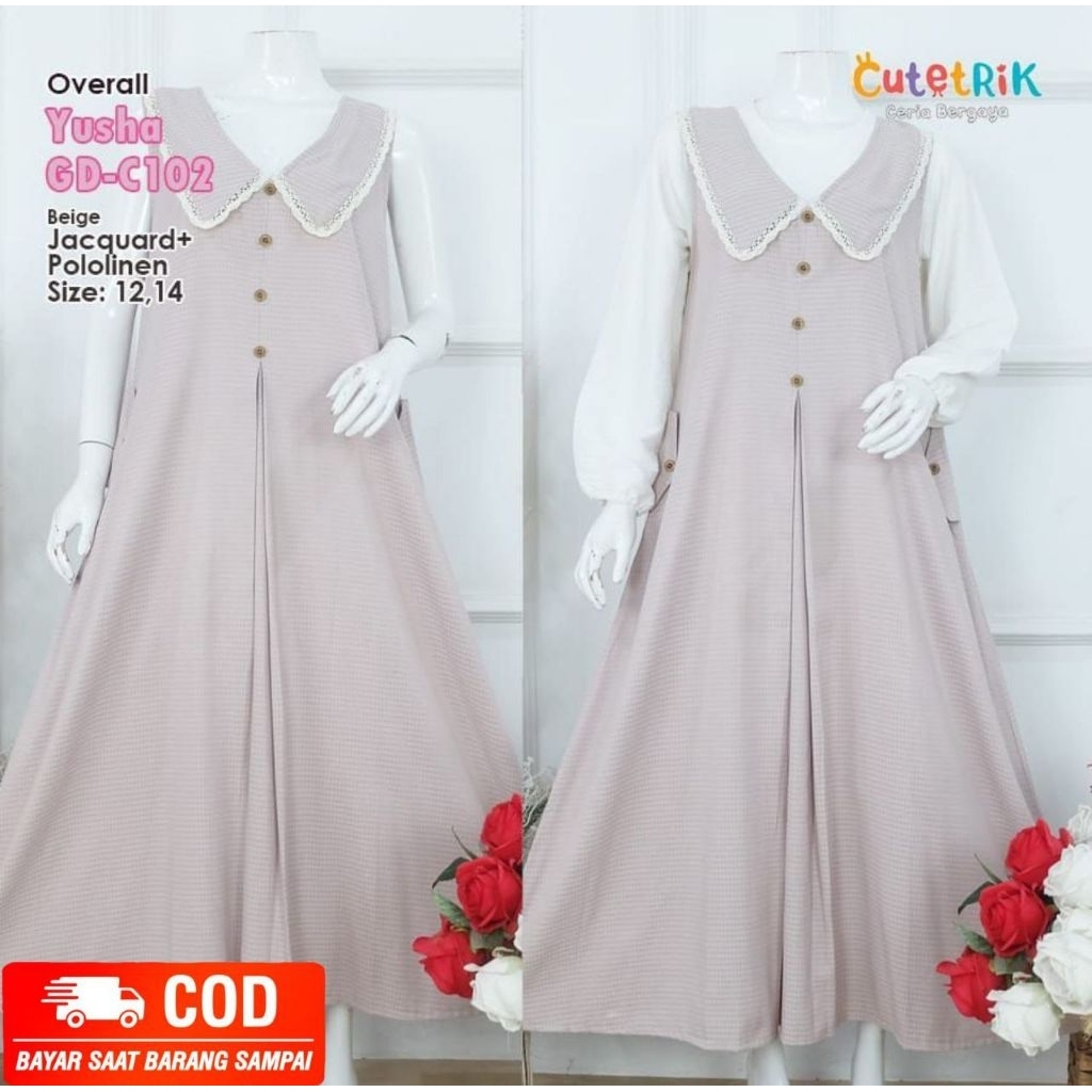 SET OVERALL REMAJA SIZE 12-14 TAHUN BY CUTETRIK YUSHA SERIES GAMIS BAHAN JACQUARD MOTIF DALAMAN INNE