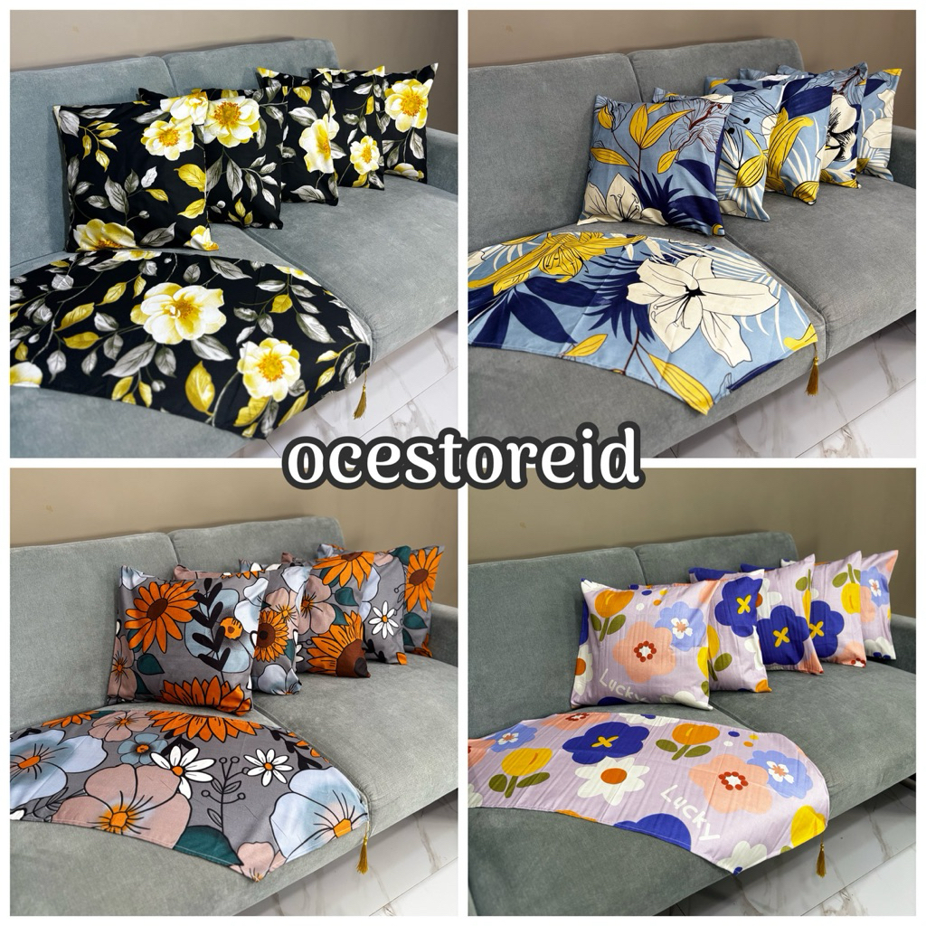 Set Sarung 5pcs Bantal Sofa + 1 Taplak Meja untuk Ruang Tamu