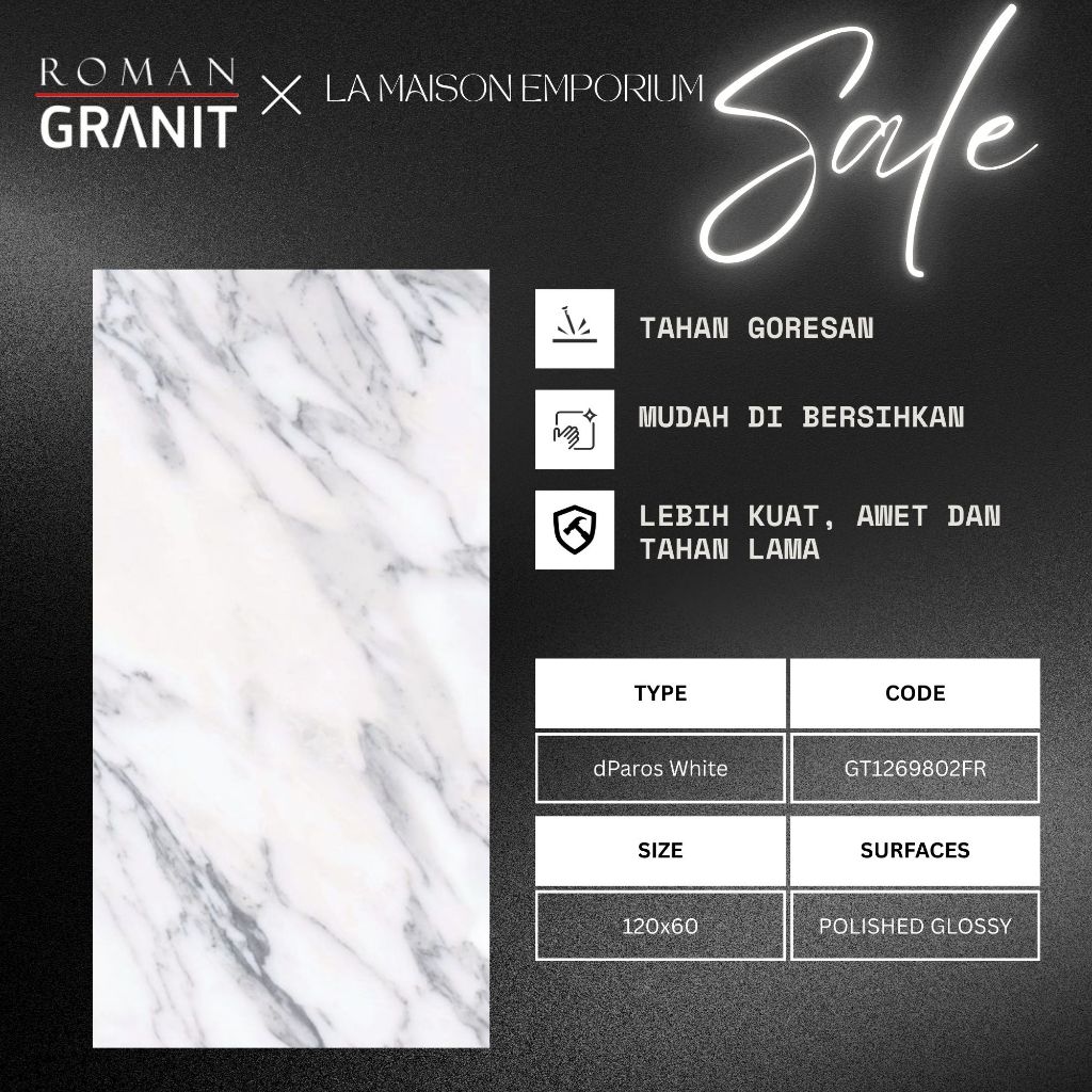 Granit 120x60 Roman dParos White 120x60 GT1269802FR/  Granite Tile paros White Top Table Dinding Lan