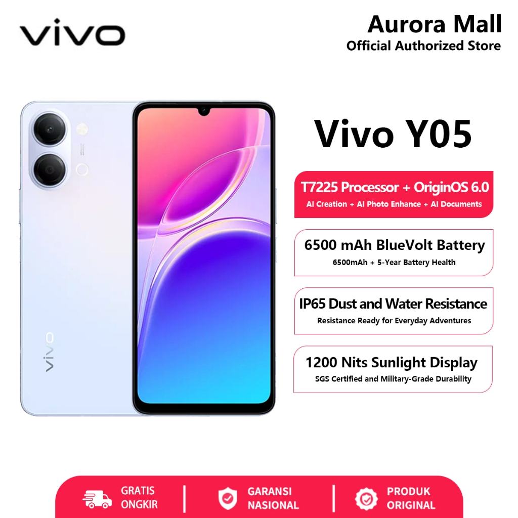 Vivo Y05 4/128GB 4/64GB (4+4GB Extended RAM) Official Store Handphone Murah HP Android Terbaru 2026