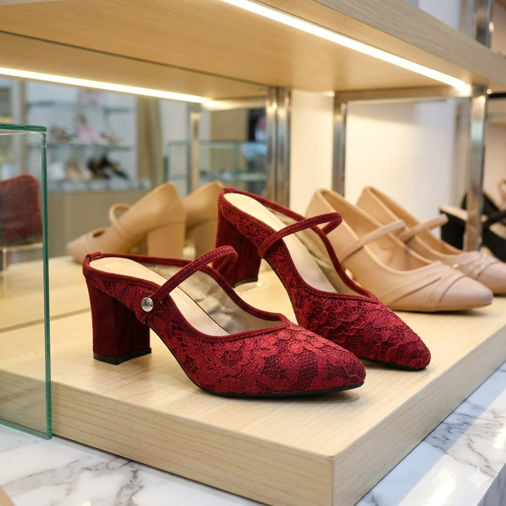 Sandal Pesta Wanita Brukat Hak 5cm Ukuran Jumbo 41-45 - Selop Kondangan Big Size Mewah