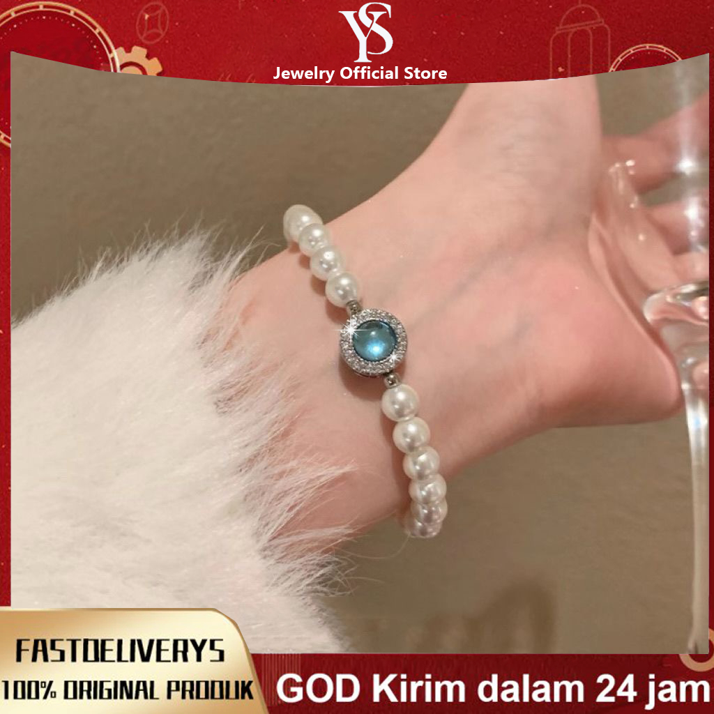 YSJewelry Gelang Mutiara dengan Batu Biru Berlian | Perhiasan Wanita Anti Karat