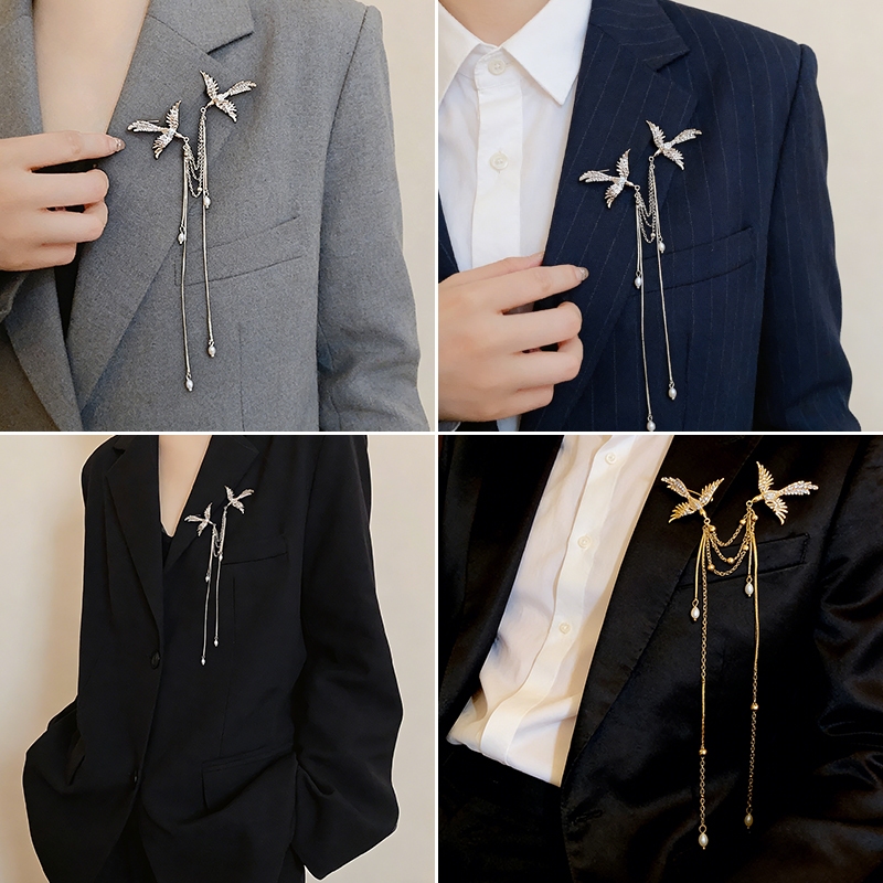 Bros Wanita Elegan Model Burung Rantai Rumbai Mutiara Panjang - Pin Jas Blazer Hijab Aksesoris Fashi