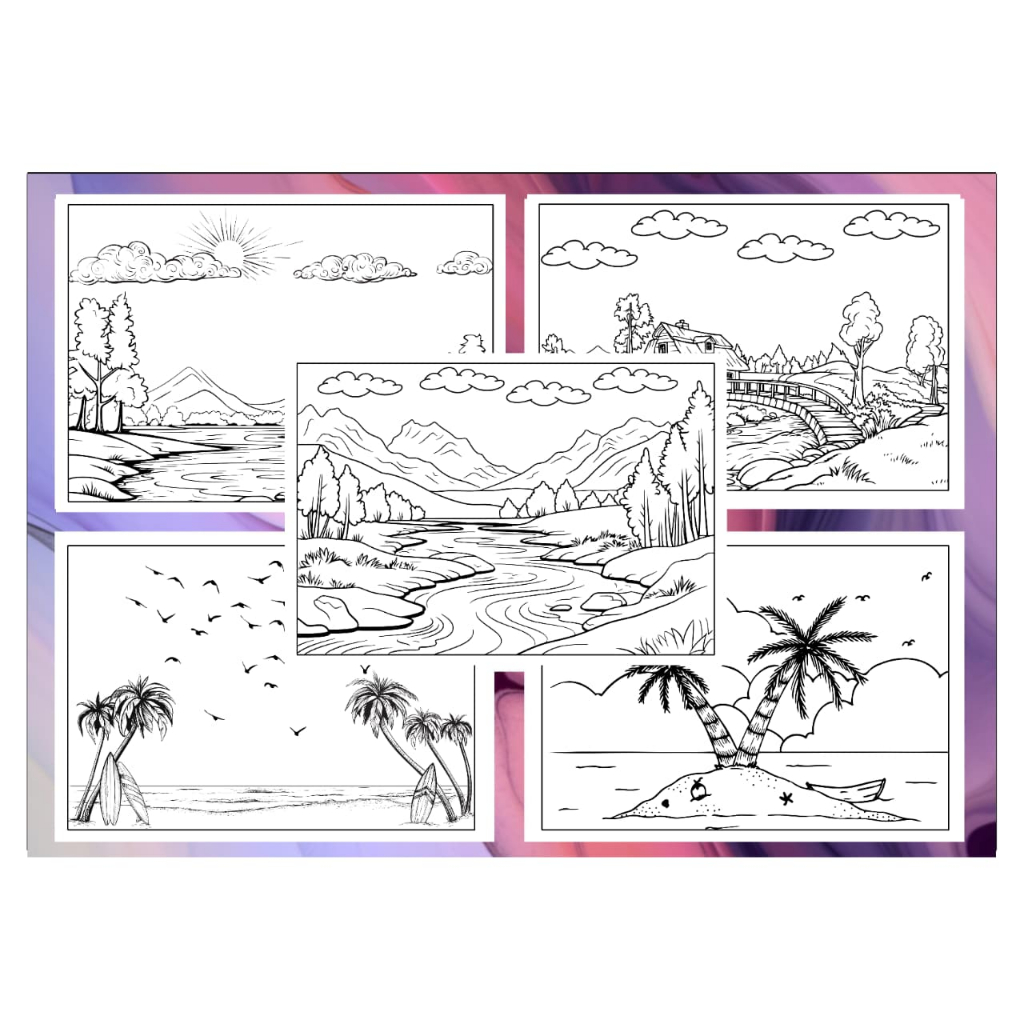 Kertas Gambar Mewarnai Tema Pemandangan