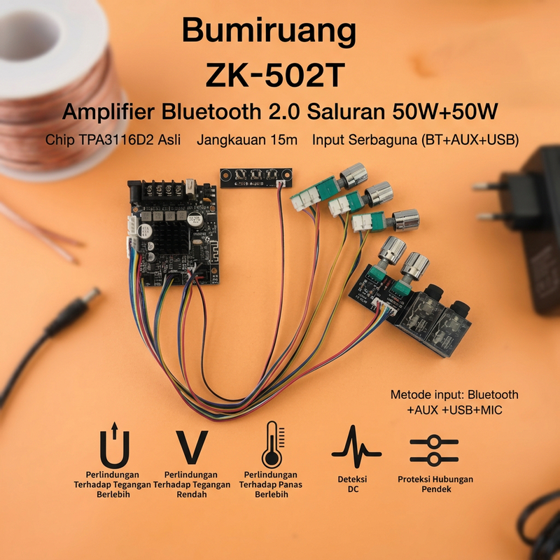 Modul Amplifier Bluetooth 50W+50W TPA3116D2 2 Channel Dual Mic USB AUX 12-24V untuk Speaker Aktif Ho