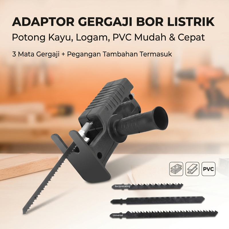 Adaptor Bor Jadi Gergaji Recipro Jigsaw Portable Multi Material Kayu Besi PVC 3 Mata Gergaji Handle